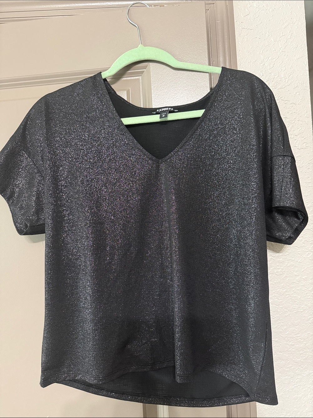 Express Metallic Black V-Neck Short Sleeve Top